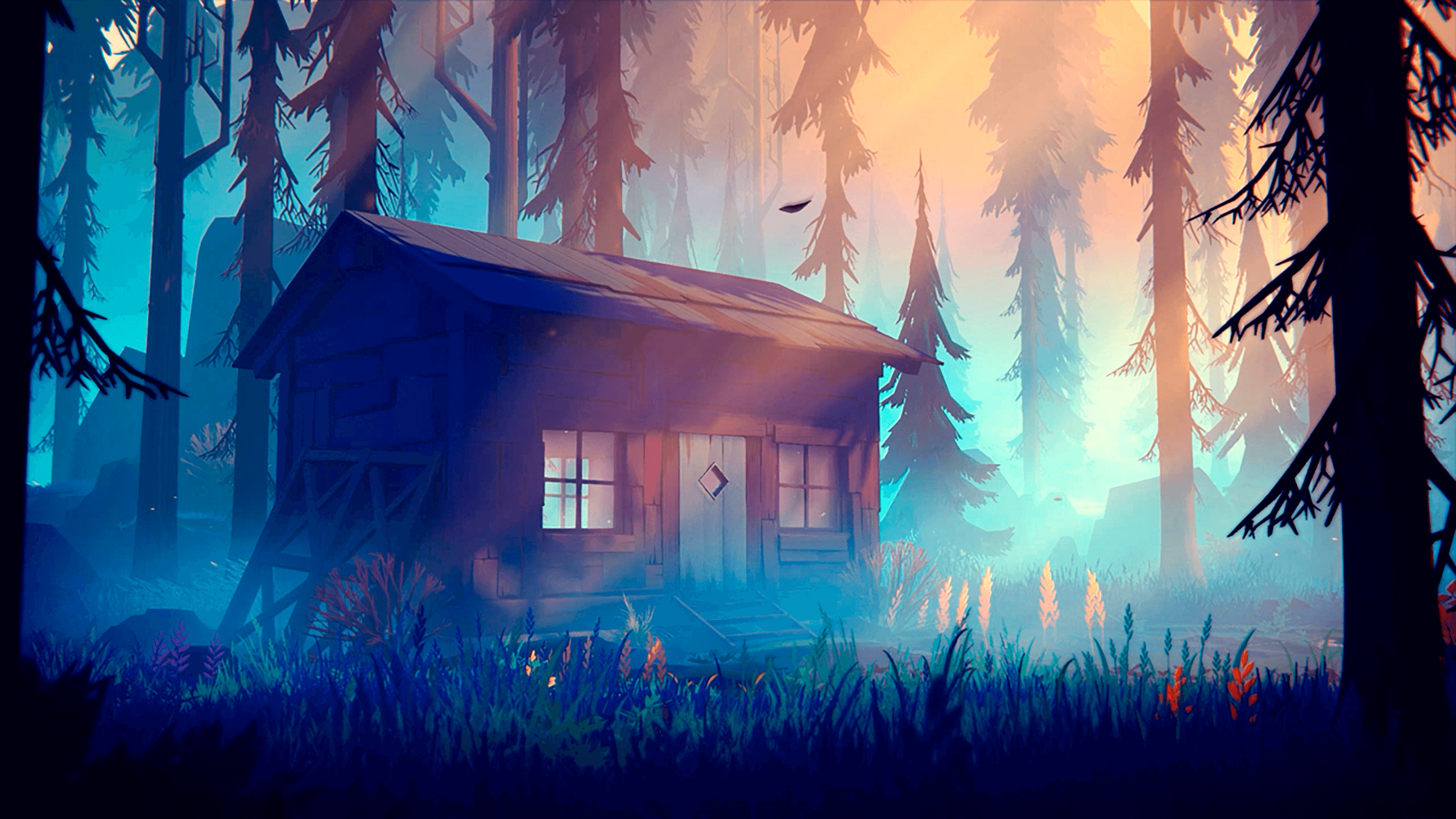 a dreamy landscape photo of a house in the forest taken on sunset